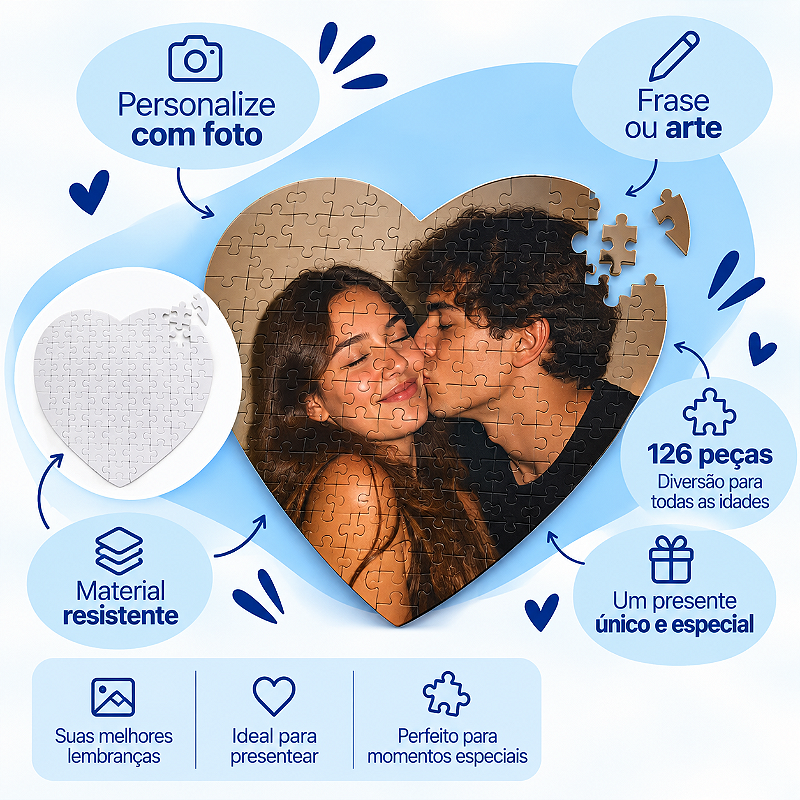 Quebra-Cabeça de Coração Personalizado com Foto, Frase ou Arte – 126 Peças