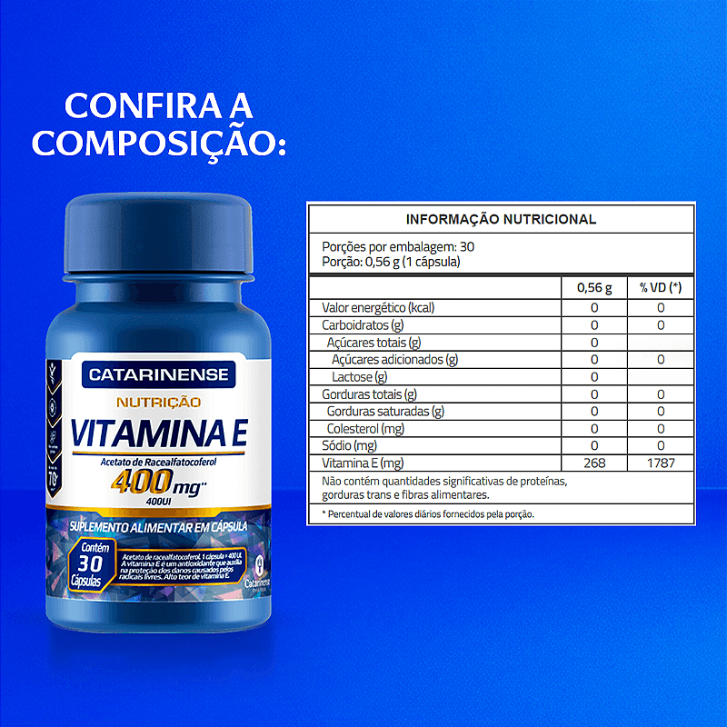Vitamina E 400 UI Catarinense Nutrição 30 Cápsulas Antioxidante