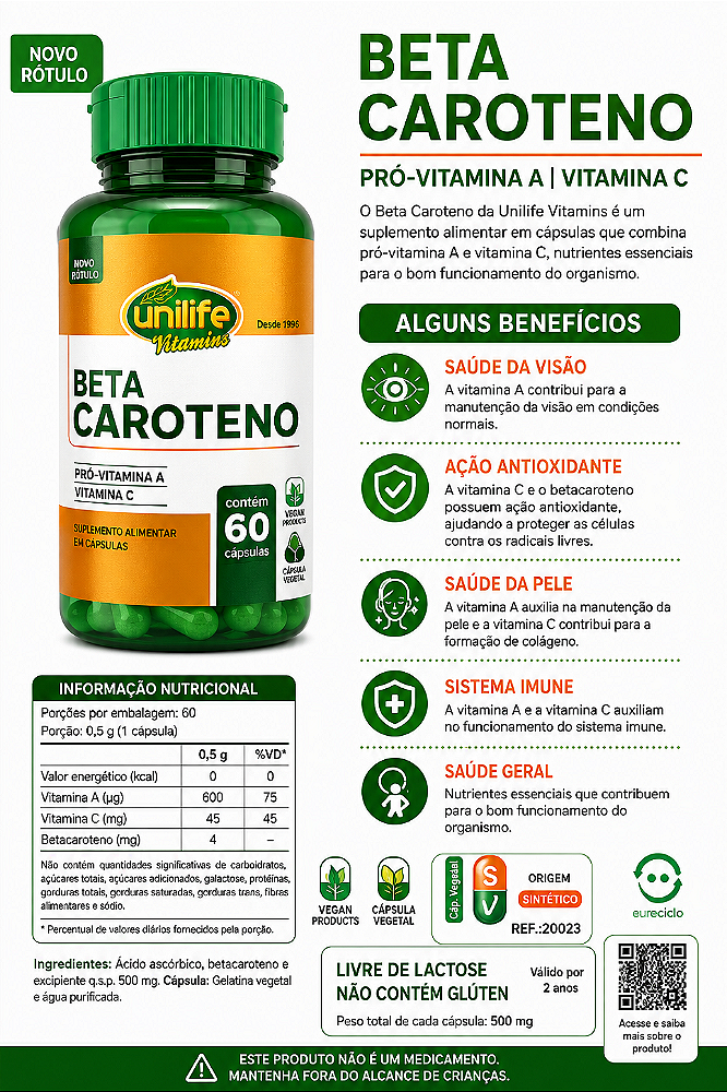 Beta Caroteno Pró-Vitamina A + Vitamina C Unilife 60 Cápsulas