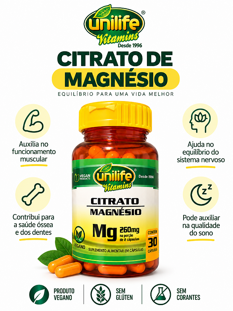 Citrato de Magnésio 260mg Unilife Vitamins 60 Cápsulas Vegano