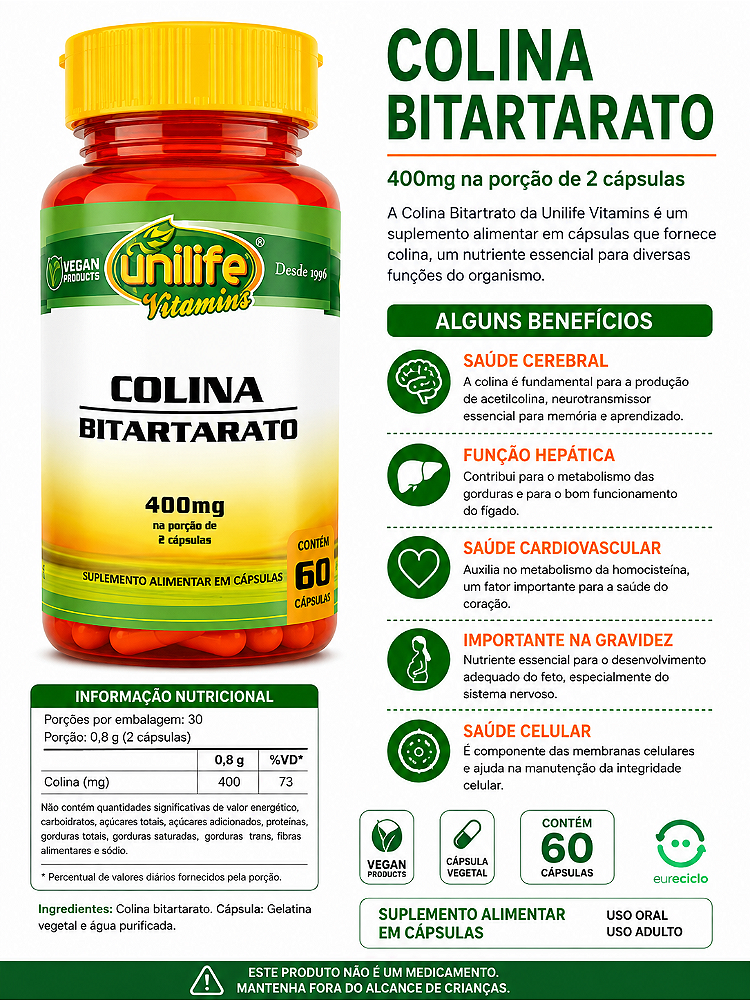 Colina Bitartrato 400mg Unilife Vitamins 60 Cápsulas Vegano