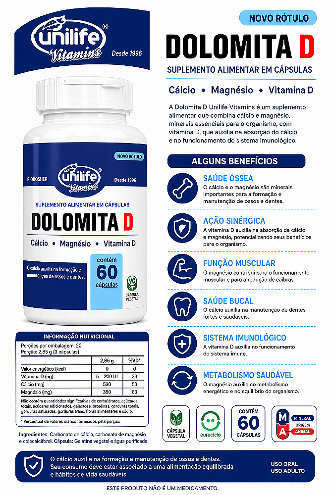 Dolomita D Cálcio Magnésio Vitamina D Unilife 60 Cápsulas