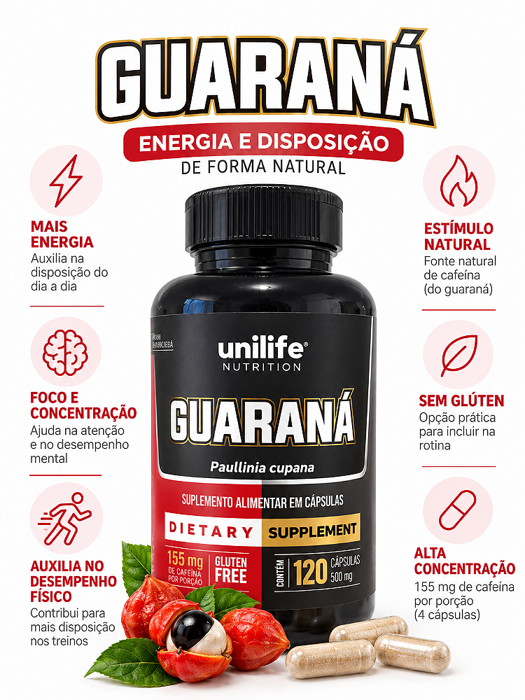 Guaraná 500mg Unilife Nutrition 120 Cápsulas 155mg Cafeína