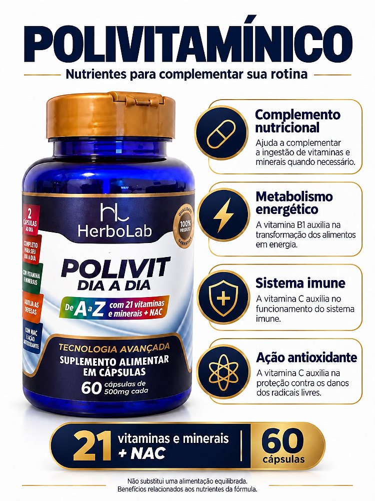 Polivitaminico Dia a Dia A-Z 21 Vitaminas e Minerais + NAC HerboLab 60 Cápsulas