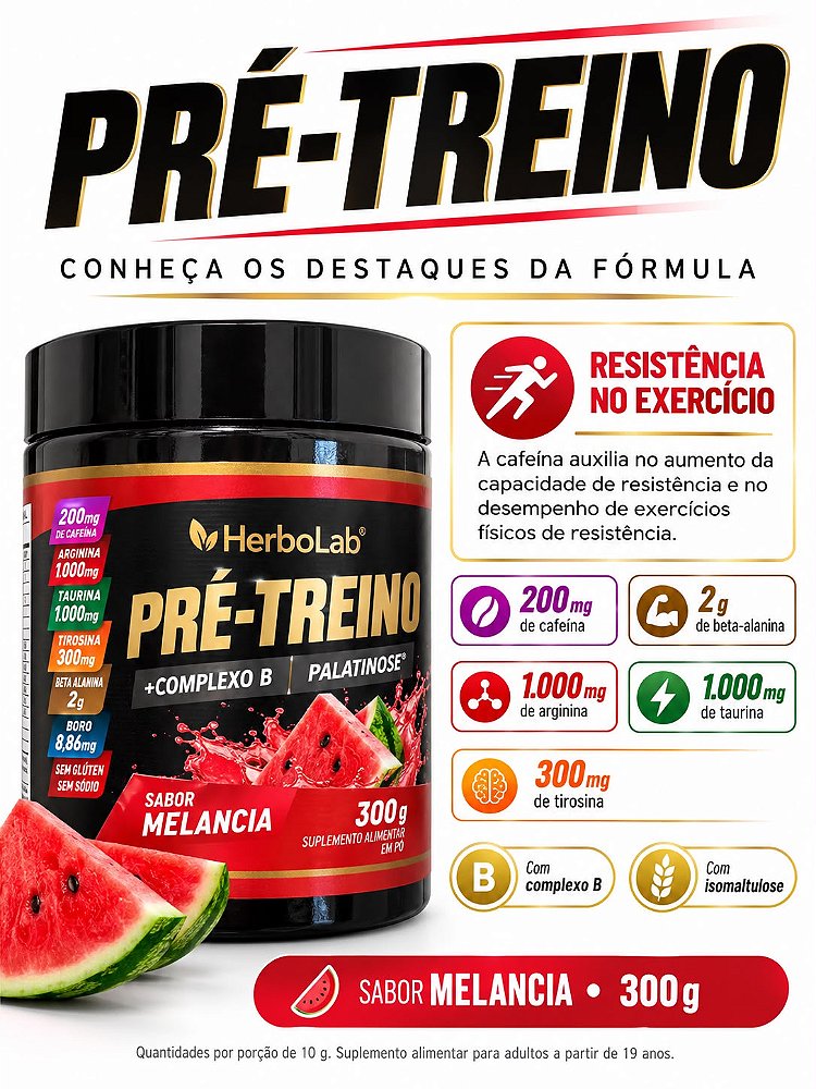 Pré-Treino HerboLab Sabor Melancia 300g – Com Palatinose, Beterraba e Complexo B