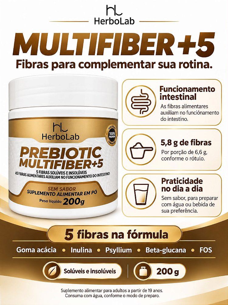 Prebiotic Multifiber+5 HerboLab Sem Sabor 200g – Mix de 5 Fibras Alimentares