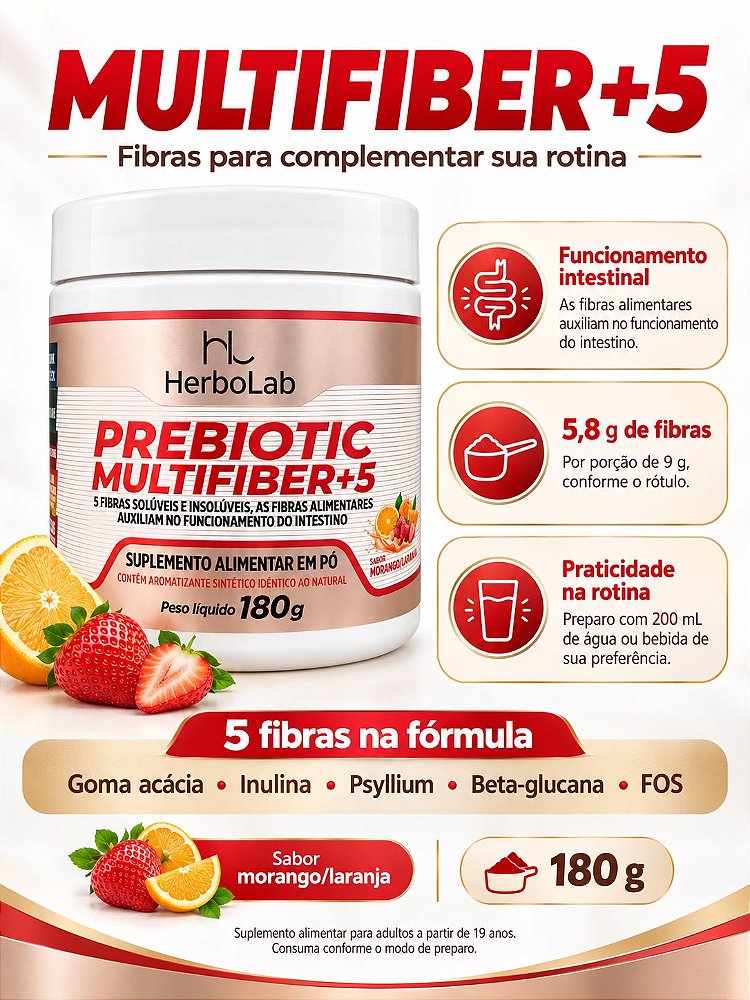 Prebiotic Multifiber+5 HerboLab Sabor Morango Tropical 180g – Mix de 5 Fibras Alimentares