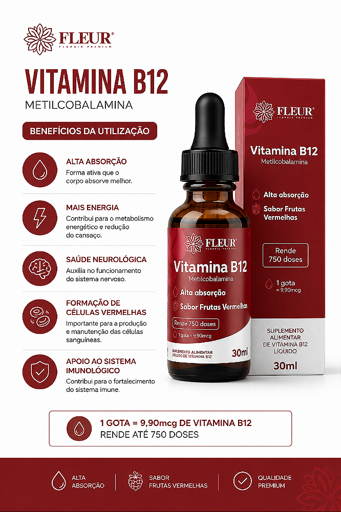 Vitamina B12 Fleur Sabor Frutas Vermelhas 30ml Sublingual Em Gotas Vegano