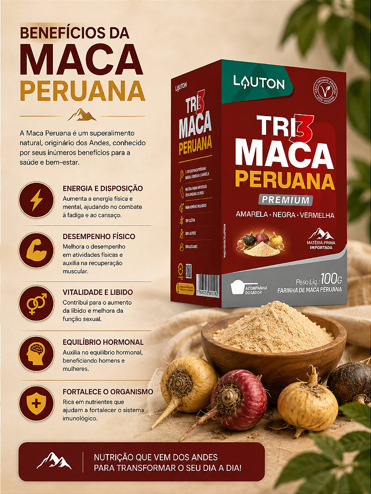 Tri Maca Peruana em Pó | 100 g | Lauton | 100% Pura | Importada do Peru
