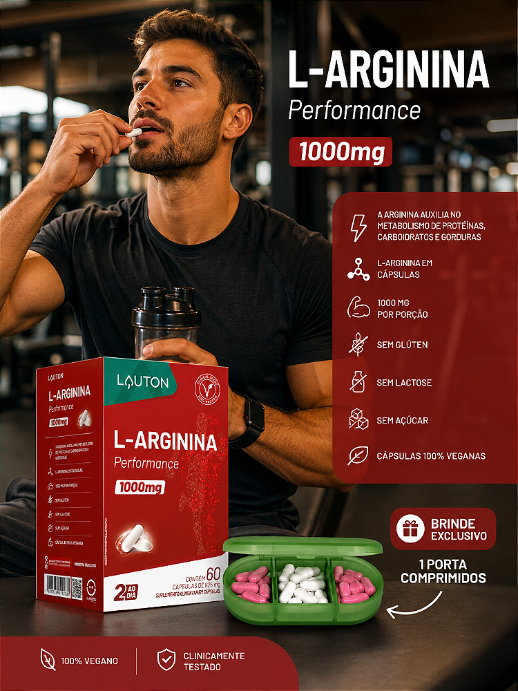 L-arginina 1000mg 60 Cápsulas Premium Linha Lauton Sem Sabor