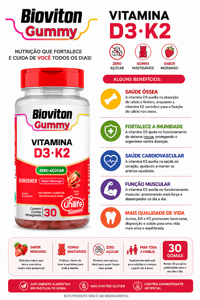 Gummy Vitamina D3 + K2 Morango Unilife 30 Gomas