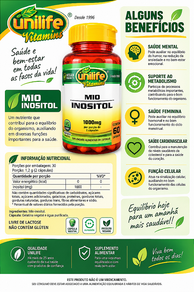 Inositol 1000mg Unilife Vitamins 60 Cápsulas Vegano Mio Sem Sabor