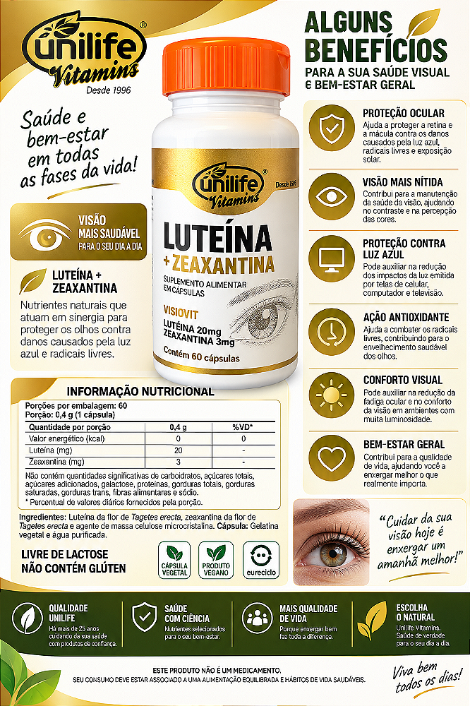 Luteína 20mg + Zeaxantina 3mg Visiovit Unilife 60 Cápsulas
