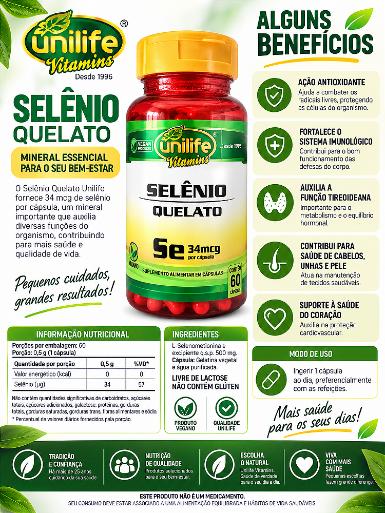 Selênio Quelato Se 34mcg Unilife Vitamins 60 Cápsulas Vegano
