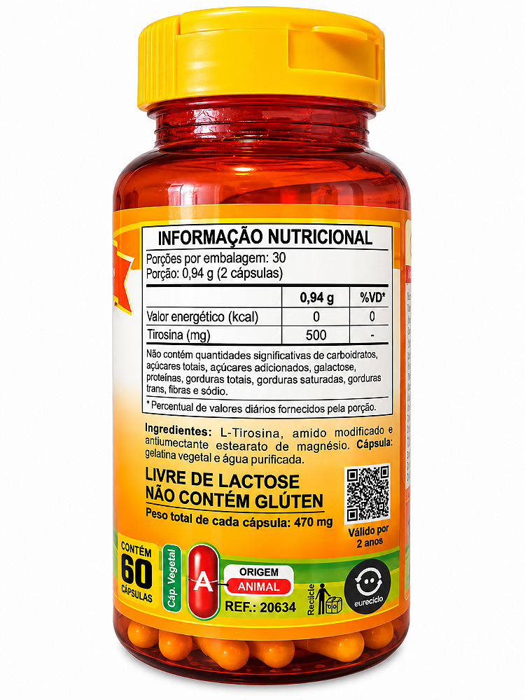 Tirosina 500mg Unilife Vitamins 60 Cápsulas Vegano
