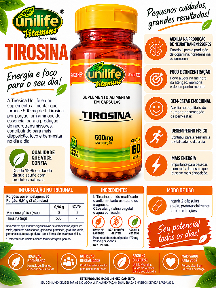 Tirosina 500mg Unilife Vitamins 60 Cápsulas Vegano
