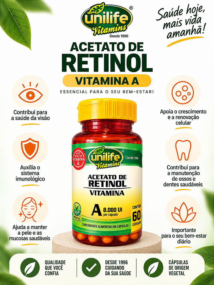 Vitamina A Retinol 8000 Ui Unilife Vitamins 60 Cápsulas Sem Sabor