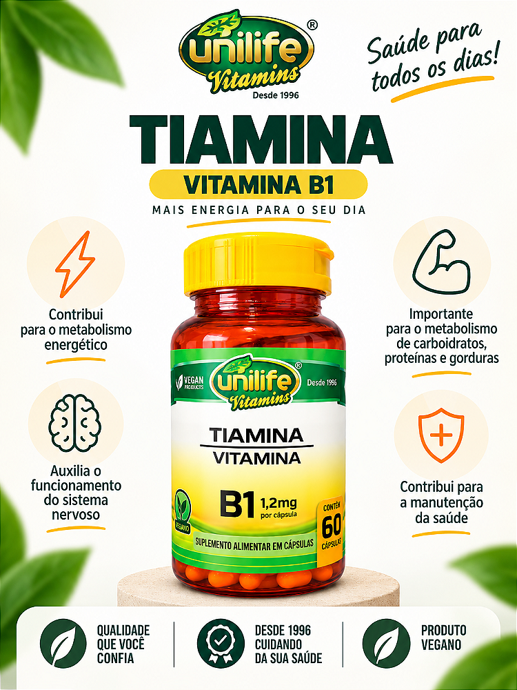 Vitamina B1 Tiamina 1,2mg Unilife Vitamins 60 Cápsulas Vegano