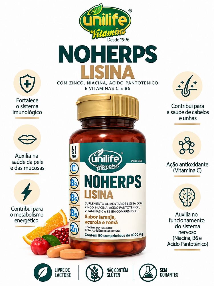 Noherps Lisina Unilife 90 Comprimidos 1000mg Vitaminas e Zinco