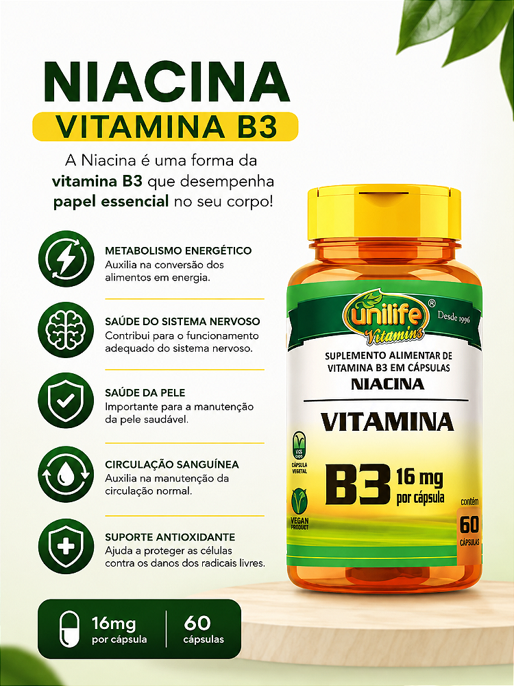 Niacina Vitamina B3 16mg por capsulas 60 caps