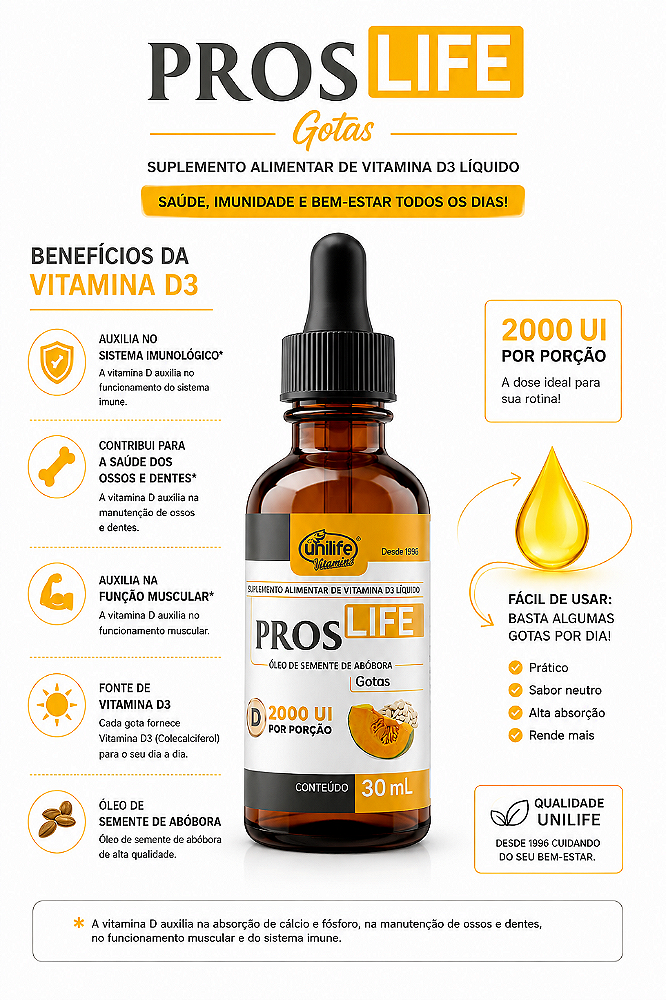 Óleo Semente De Abóbora + D3 Gotas Proslife 30ml - Unilife Abóbora