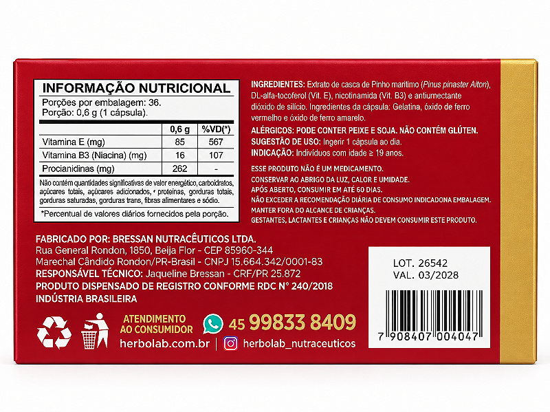 Herbocell 600mg Pinus Pinaster Vitamina E B3 HerboLab 36 Cápsulas