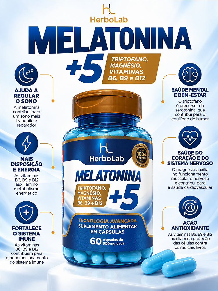 Melatonina + Triptofano Magnésio B6 B9 B12 HerboLab 60 Cápsulas