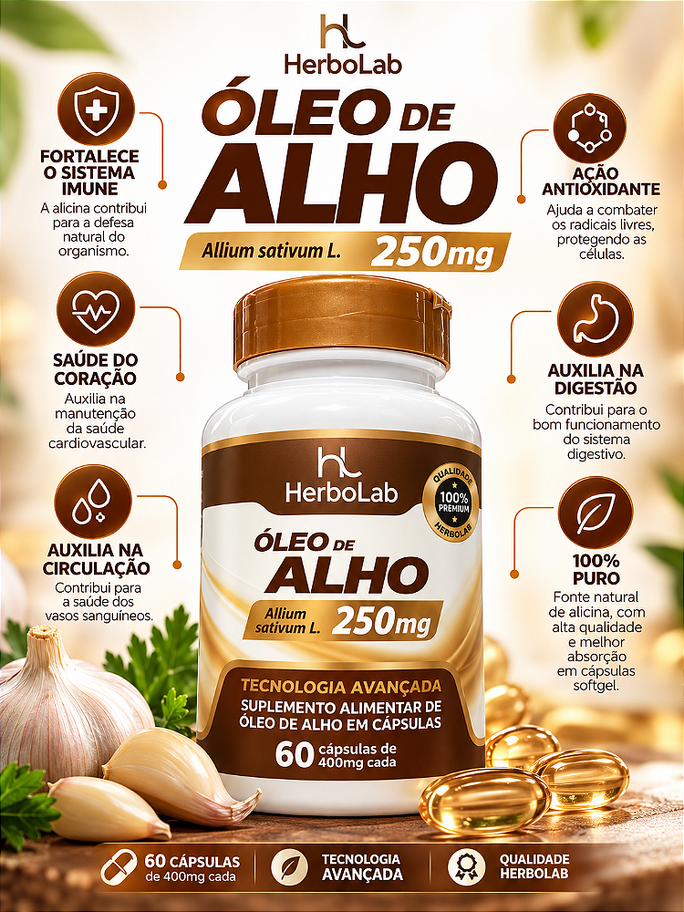 Óleo de Alho 250mg Allium Sativum HerboLab 60 Cápsulas
