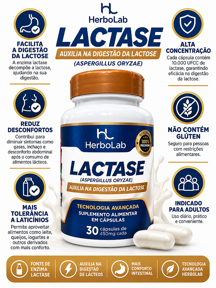 Lactase HerboLab 30 Cápsulas 450mg Auxilia Digestão Lactose