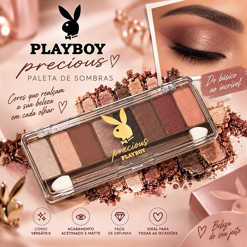 Paleta de Sombras Playboy Precious Tons Neutros e Brilhantes com Aplicador – Maquiagem para Olhos
