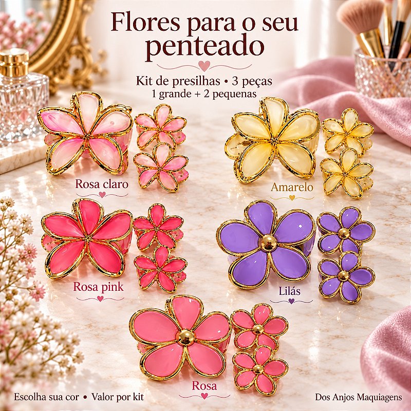 Kit 3 Presilhas de Cabelo Flor com Detalhes Dourados — 1 Grande e 2 Pequenas