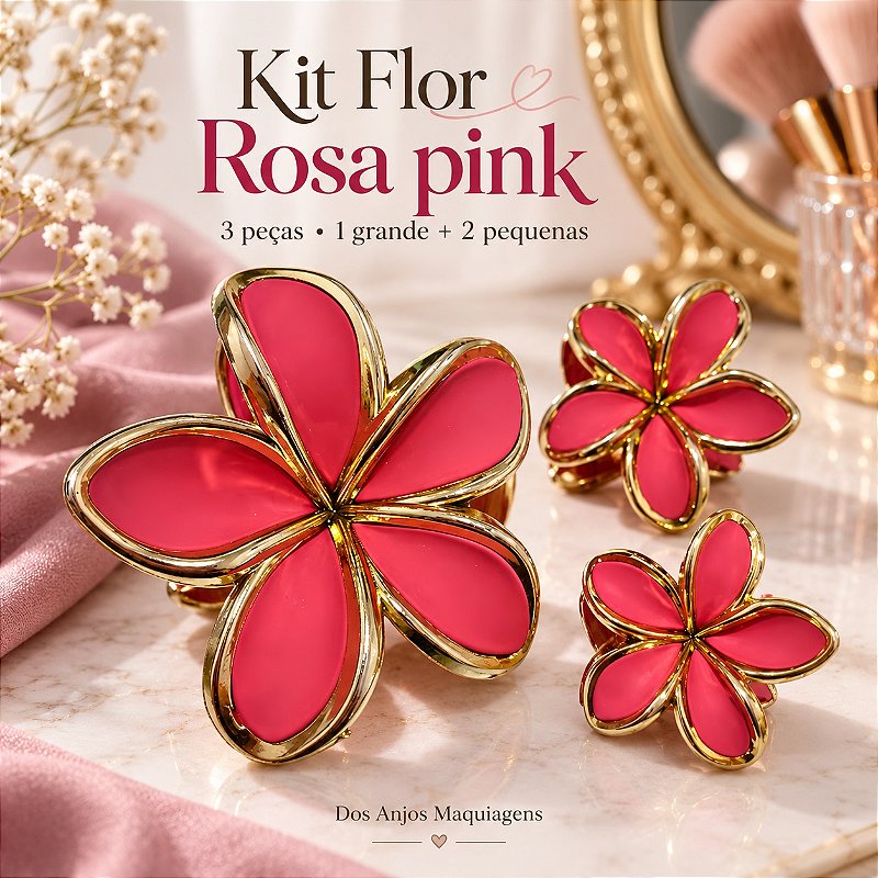Kit 3 Presilhas de Cabelo Flor com Detalhes Dourados — 1 Grande e 2 Pequenas