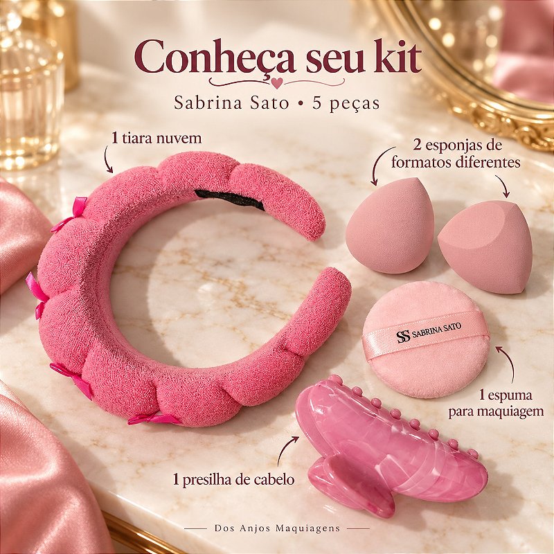 Kit Maquiagem Sabrina Sato 5 Peças com Tiara Nuvem Presilha 2 Esponjas e Espuma