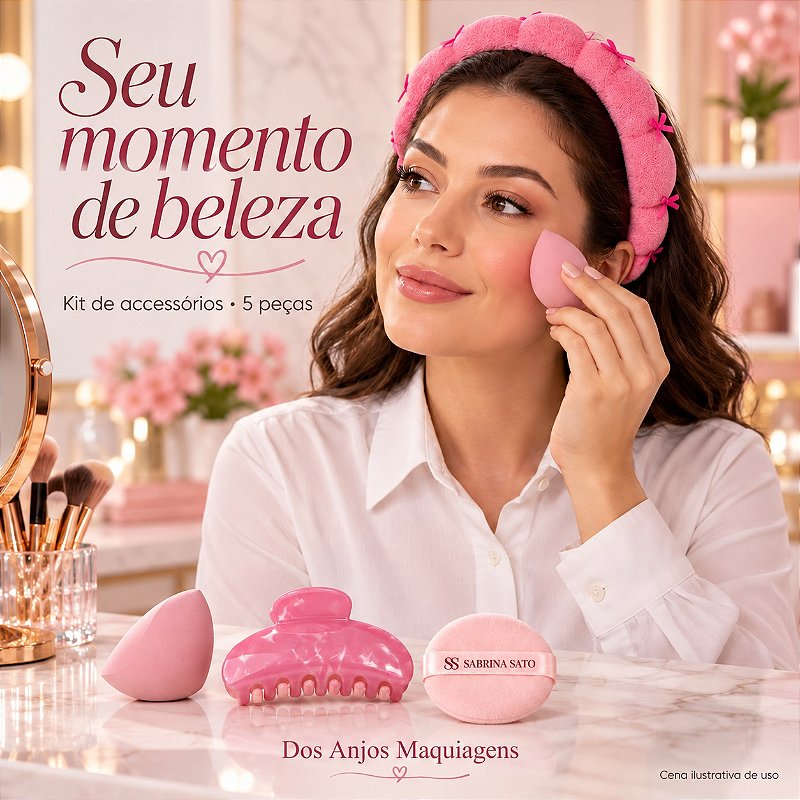 Kit Maquiagem Sabrina Sato 5 Peças com Tiara Nuvem Presilha 2 Esponjas e Espuma