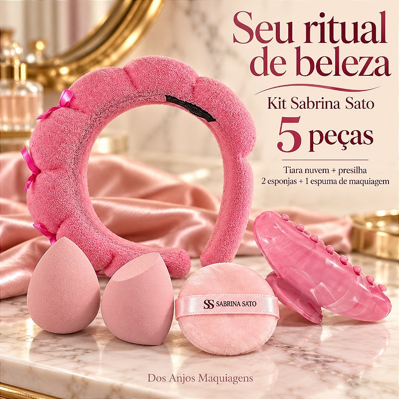 Kit Maquiagem Sabrina Sato 5 Peças com Tiara Nuvem Presilha 2 Esponjas e Espuma