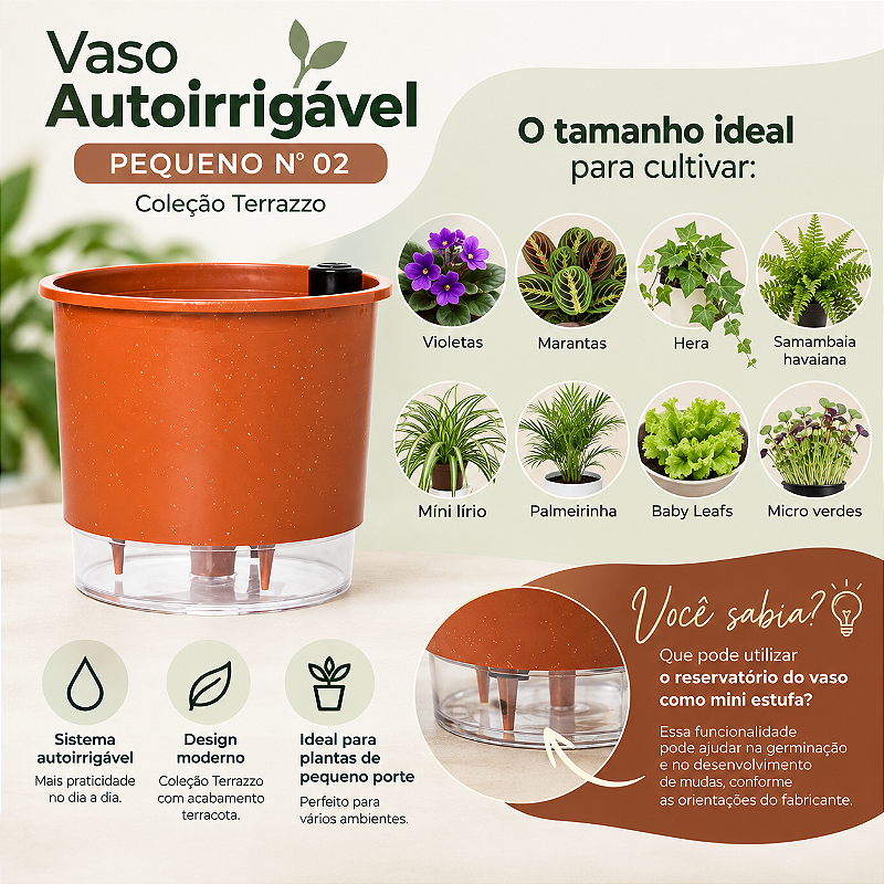 Vaso Autoirrigável Pequeno Nº 02 – Terrazzo Terracota