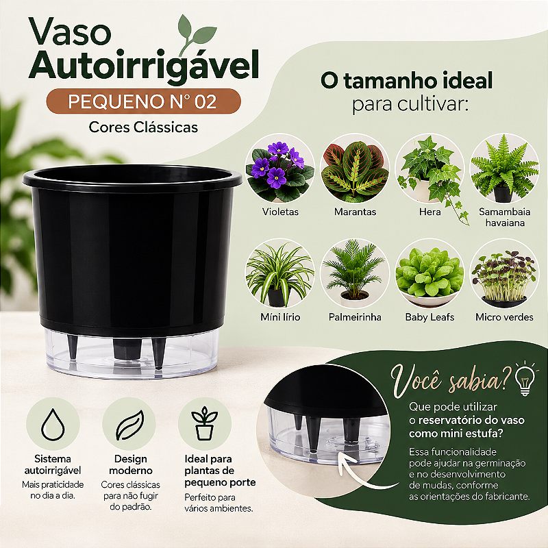 Vaso Autoirrigável Pequeno Nº 02 – Cores Clássicas Preto