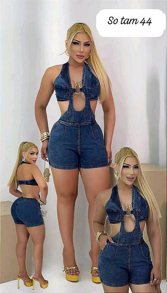 Macaquinho Feminino Jeans com Recortes