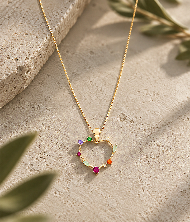 Colar Coração Vazado Colorido Ouro 18 K