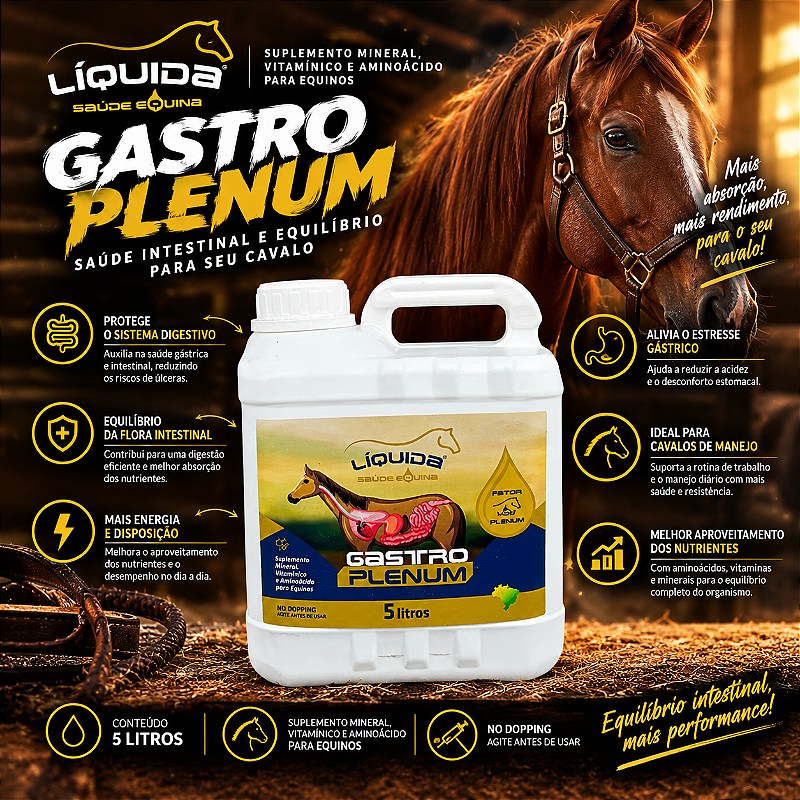 Gastro Plenum Liquida Equinos — Suplemento para Proteção, Equilíbrio e Saúde do Trato Gastrointestinal