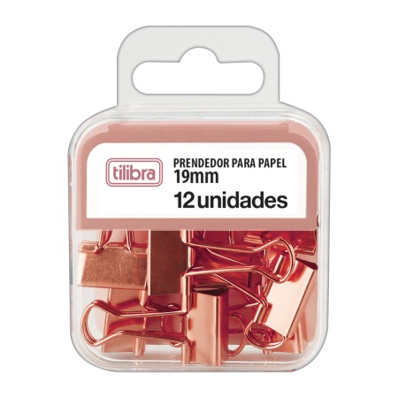 Prendedor de Papel Tilibra 19 mm Rosa e Dourado - Blister com 12 Unidades
