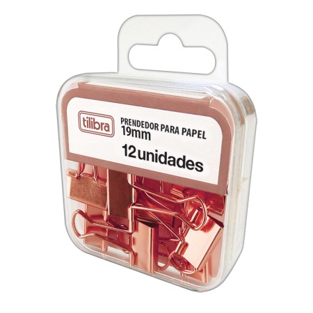 Prendedor de Papel Tilibra 19 mm Rosa e Dourado - Blister com 12 Unidades