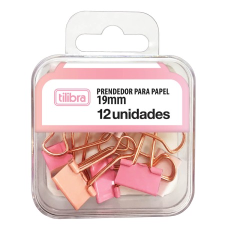 Prendedor de Papel Tilibra 19 mm Rosa Pastel - Blister com 12 Unidades