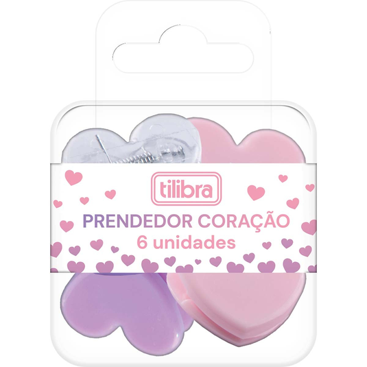 Prendedor Plástico de Papel Tilibra Coração - Blister com 6 Unidades