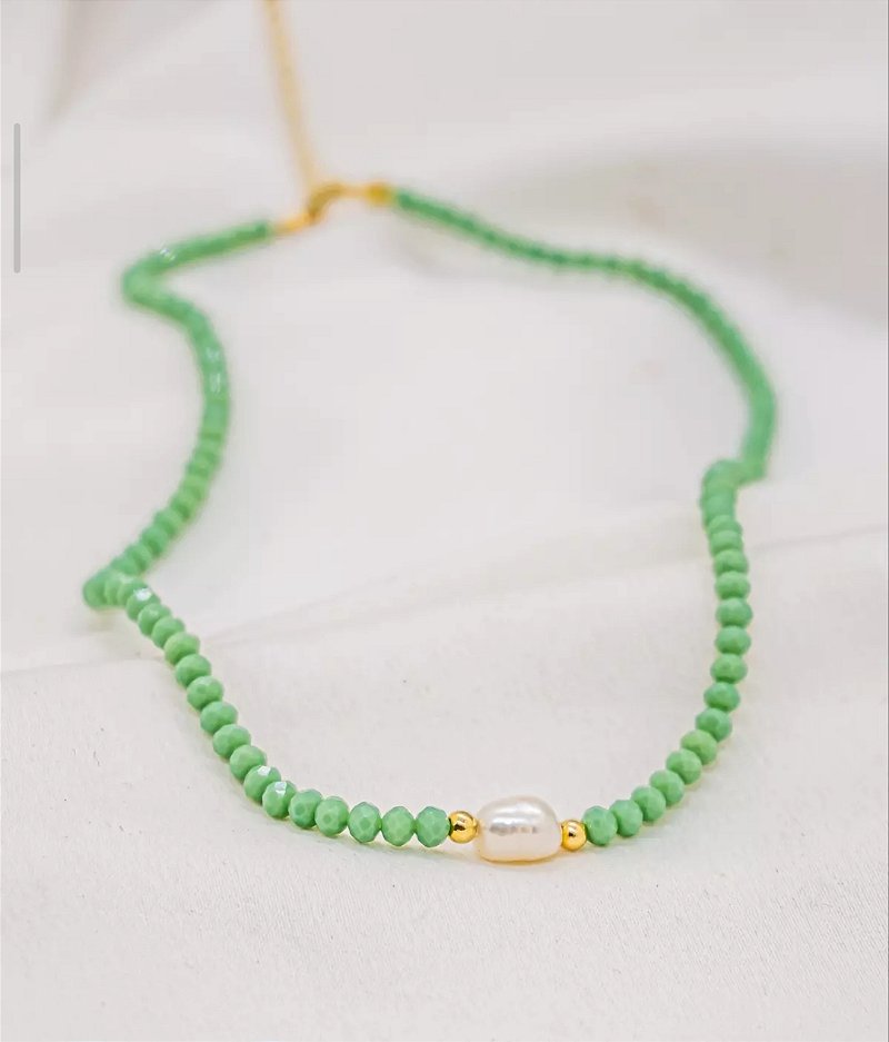 Choker Cristal Verde Claro Pérola de Água Doce