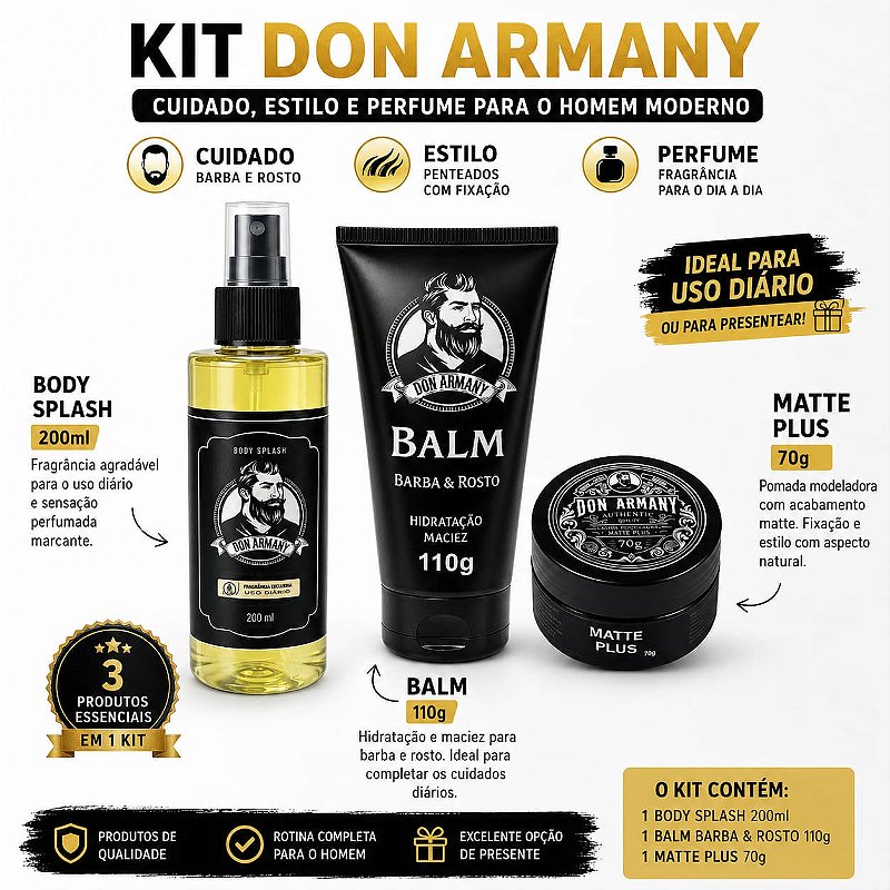 Kit Don Armany Completo – Body Splash 200ml + Balm Barba & Rosto 110g + Matte Pl