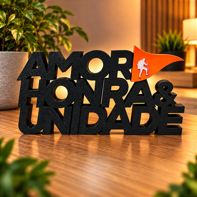 Enfeite de mesa Legendário AMOR HONRA & UNIDADE 3D Decorativo preto com laranja