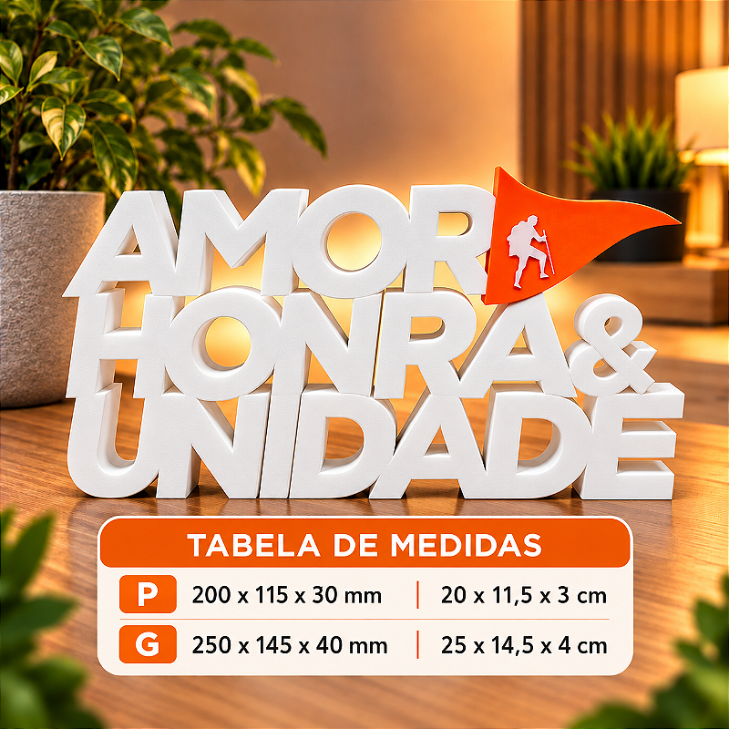 Enfeite de mesa Legendário AMOR HONRA & UNIDADE 3D Decorativo branco com laranja