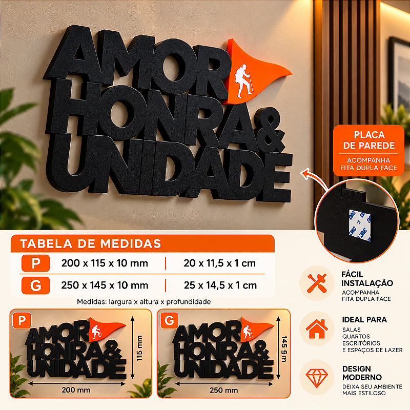 enfeite de parede com dupla face AMOR HONRA & UNIDADE preto com laranja