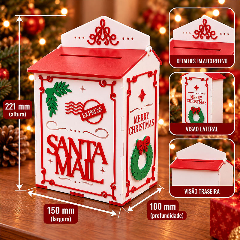 Caixa de Correio do Papai Noel Decorativa Natalina 3D 22cm